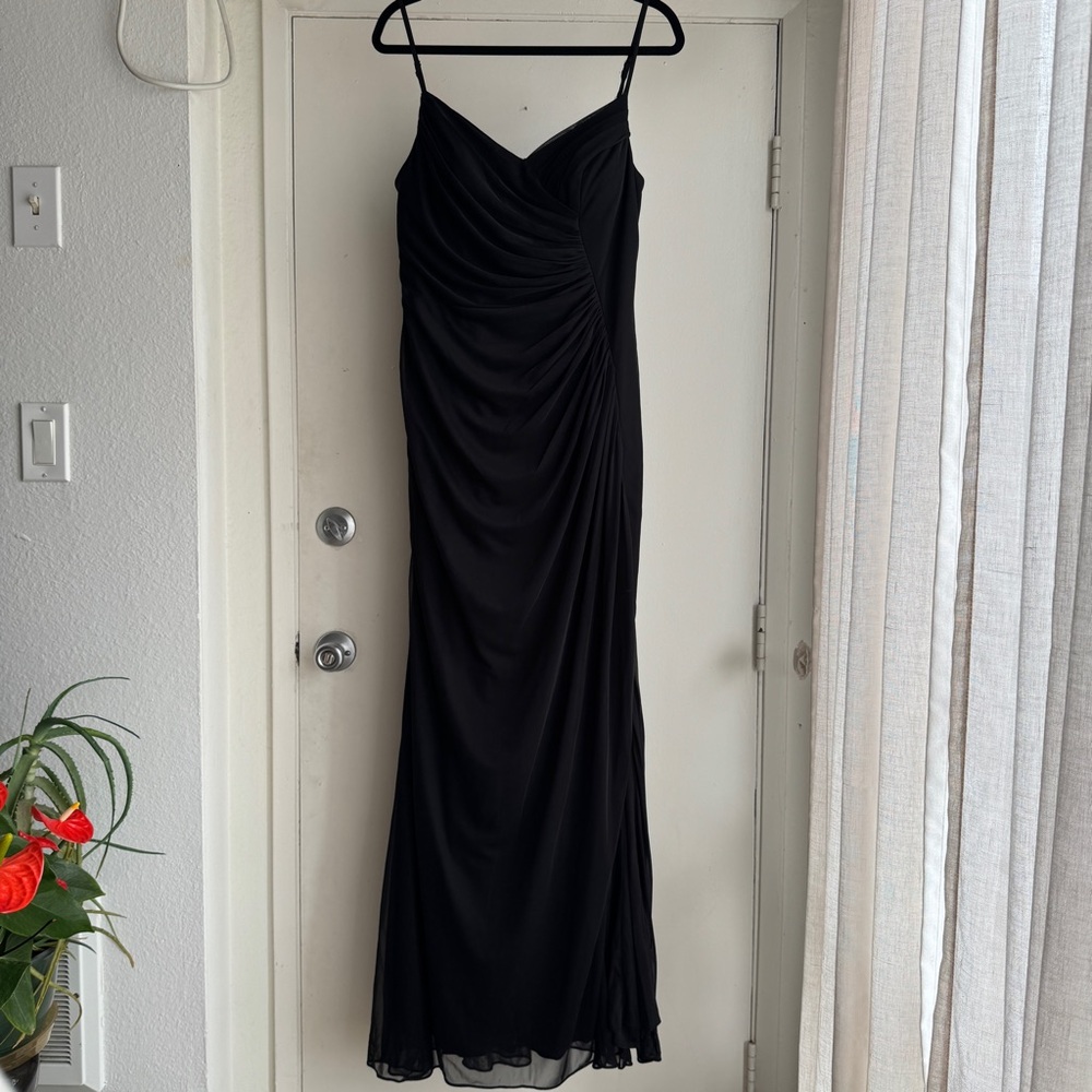 Azazie Black bridesmaid Formal Prom Dress Ruched slit Mesh Spaghetti Strp